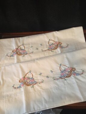 Handmade, Hand Embroidered Floral Basket Standard Size Pillow Cases (Set/2)